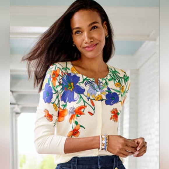 Talbots Sweaters - Floral Print Women's Top - Cream, Blue, Orange